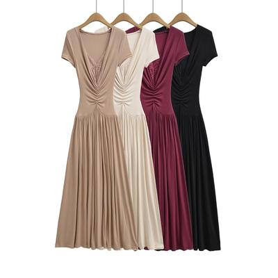 2026 Spring European & American Style Women's Lace Patchwork Waist-Cinching Long Dress with Short Sleeves
