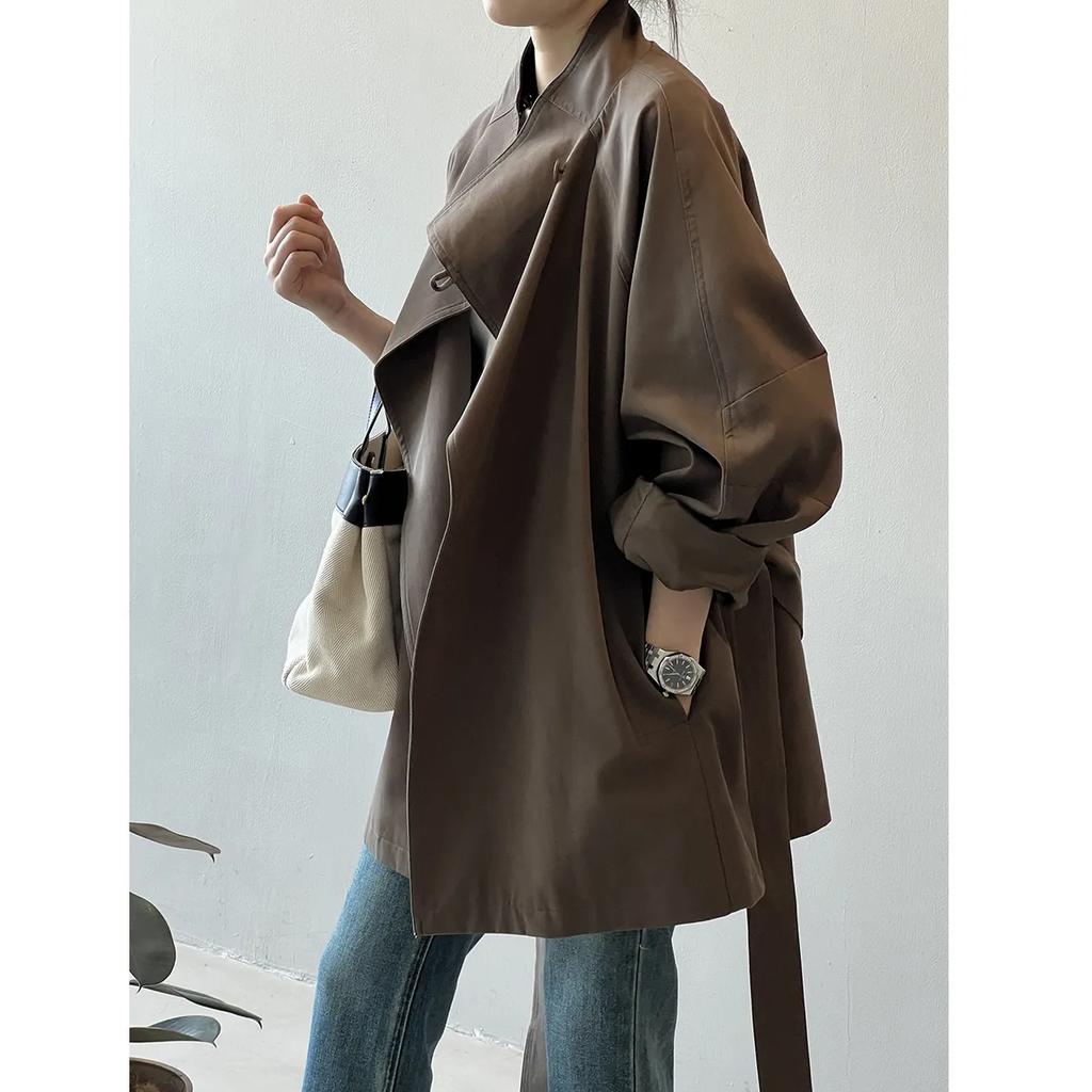 Women Long Sleeve Windbreaker Women Vintage Elegant Trench Coat Office Lady Belt Jacket Loose Waist Stand Collar Fashion Long Coats