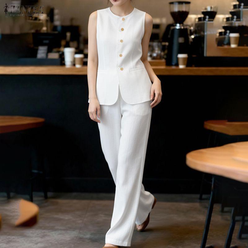 ZANZEA Women Sleeveless Vest Tops and Long Pants Summer Two Piece Suit Sets