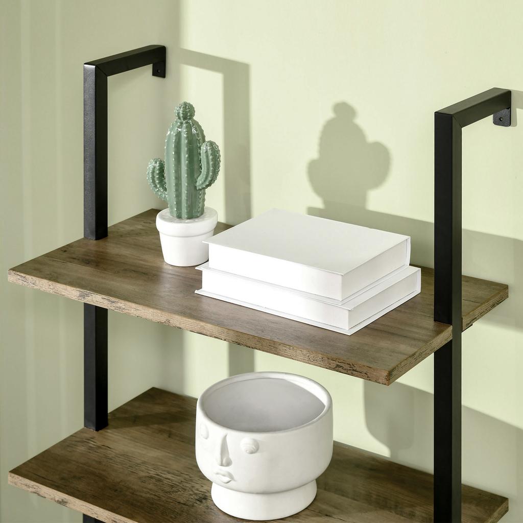 Ladder Bookcase with 5 Shelves in Industrial Style in Wood and Metal, 60x30x184.5cm, Brown