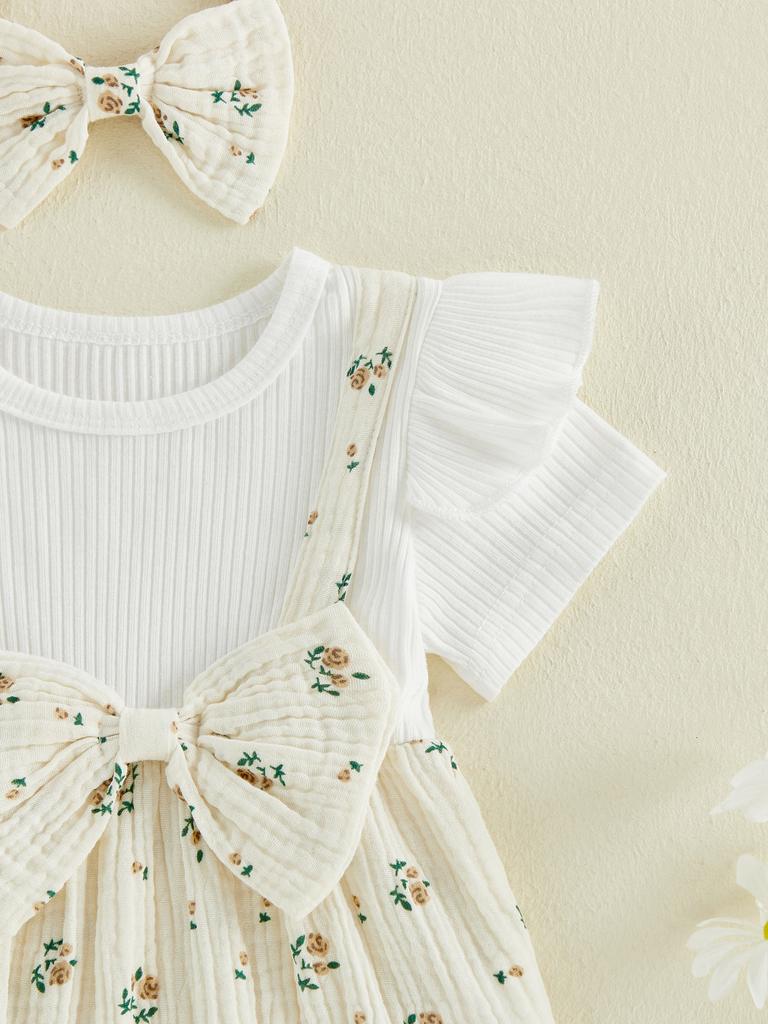 Stylish Baby Girl Floral Print Romper with Ruffle Sleeves and Matching Bow Headband - Trendy 2 Piece Outfit for Summer