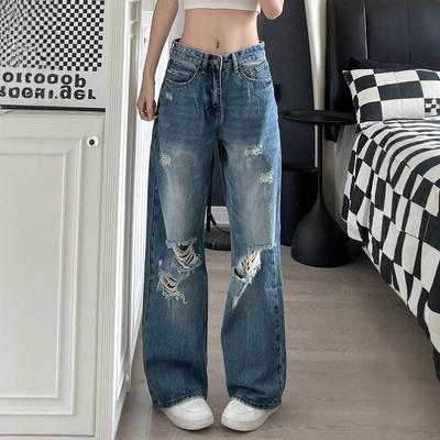 Modne Wygodne Jeansy na Figurę Gruszki Damskie Jesienne Duży Rozmiar Luźne Cienkie z Wysokim Stanem Szerokie Nogawki Spodnie Jeansy dla Kobiet Długie Jeansowe Spodnie