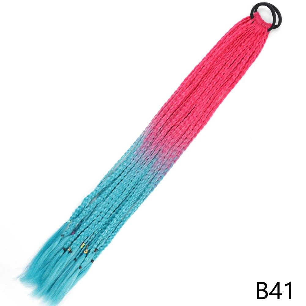 XINRAN Synthetic Long Straight Braids Hair With Rubber Bands Rainbow Braided Ponytail For Women And Girls Cosplay Party Accessories