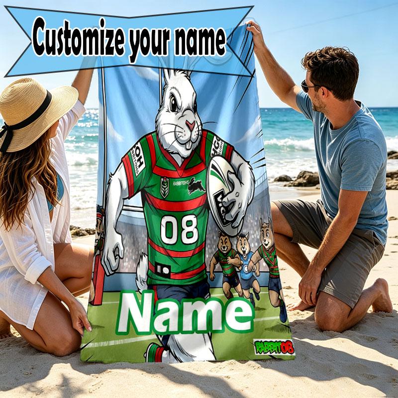 Custom Name Personalized South Sydney Rabbitohs Print Beach Towel, for Trip Camping Beach Party Home Decor, Birthday Gift for Family & Friends