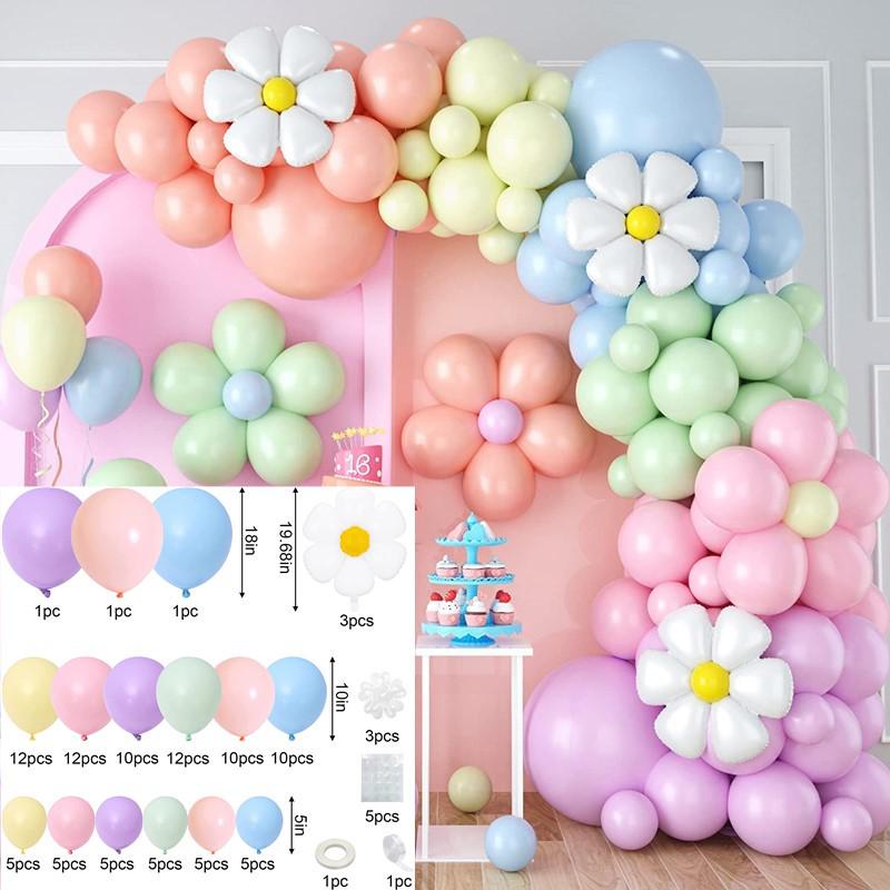 Colorful Macaron Daisy Wedding Dessert Table Decoration Set with Balloon and Flower Garland