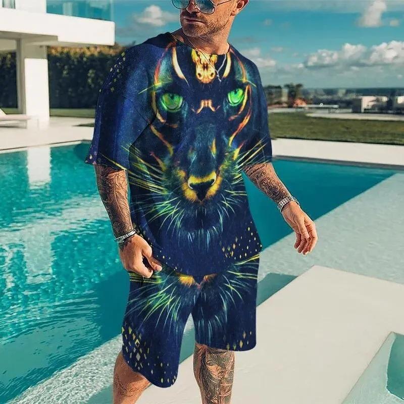 Men Cool Lion Tiger T-shirt Set 3D Animal  Print Casual Style T-shirt Shorts Set Summer New Fashion Street Clothing High-quality