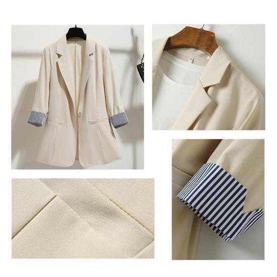 Women Autumn 3/4 Sleeve Lapel Button Slim Blazer Coat Striped Cuff Office Jacket
