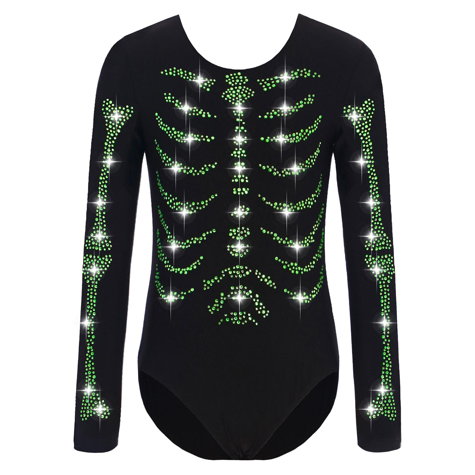 

Unisex Kids Skeleton Costume Shiny Rhinestones Round Neck Long Sleeve Press Button Jumpsuit 5-6 Years зелений