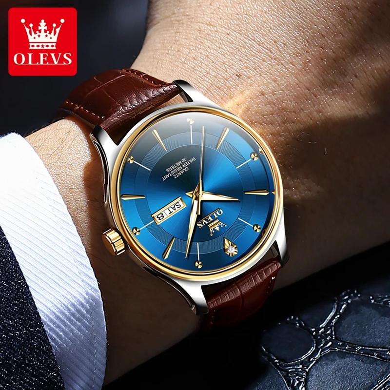 OLEVS Brand Fashion Quartz Watch Men Leather Strap Waterproof Luminous Week Date Business Mens Watches