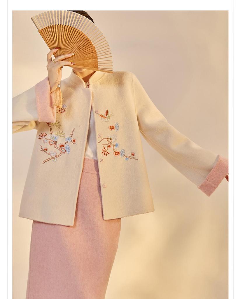 Autumn/Winter Double-Sided Wool Color Block Suit: Stand Collar Frog Button Top + Skirt Set (NX009)
