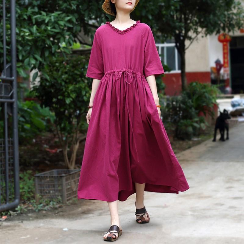 

Johnature Women Vintage Bandage Dresses V-Neck Half Sleeve Summer Solid Color Chinese Style Women Clothes Soft Dress One Size фуксия