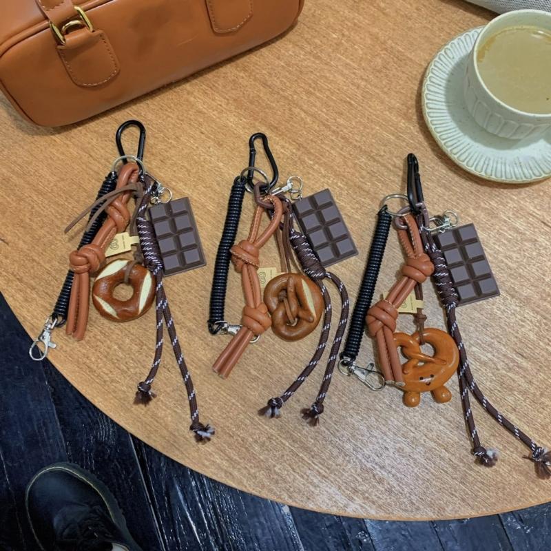 Bagel Pretzel Chocolate Bag Charm Pendant Keyring Braided Rope Keychain Charm for Backpack Purse Handbag Decorations