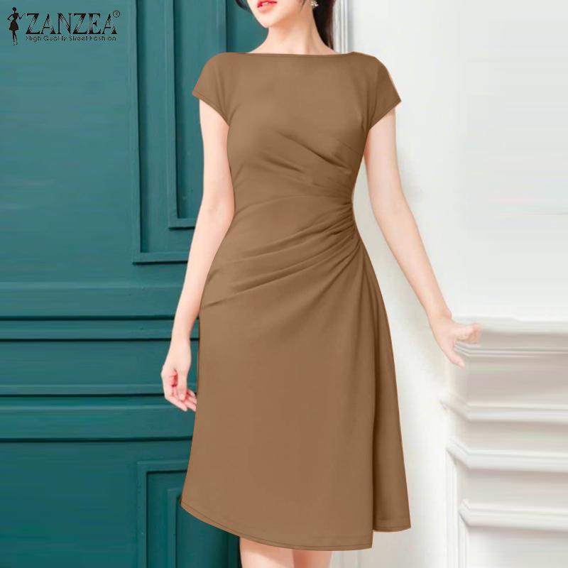 

ZANZEA Women Casual Round Neck Short Sleeve Summer Slim Dress S рожевий