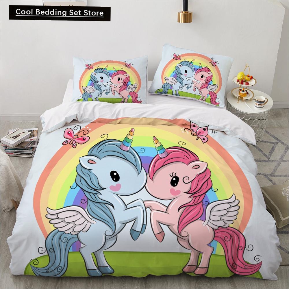 Children Kids Baby Pink Bedding Set Queen King Cartoon Unicorn White Duvet Cover Twin Full Colorful 2/3pcs Polyester Quilt Cover