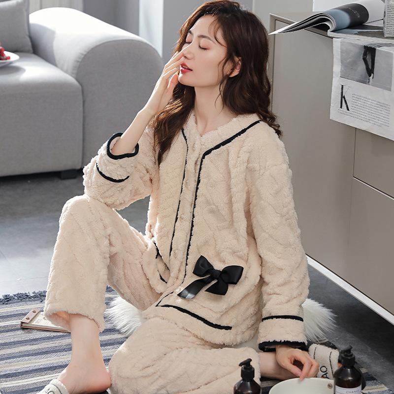 Pajama Women's Autumn/Winter Coral Velvet Set New Women's Flannel and Fleece Thickened Warm Home Wear