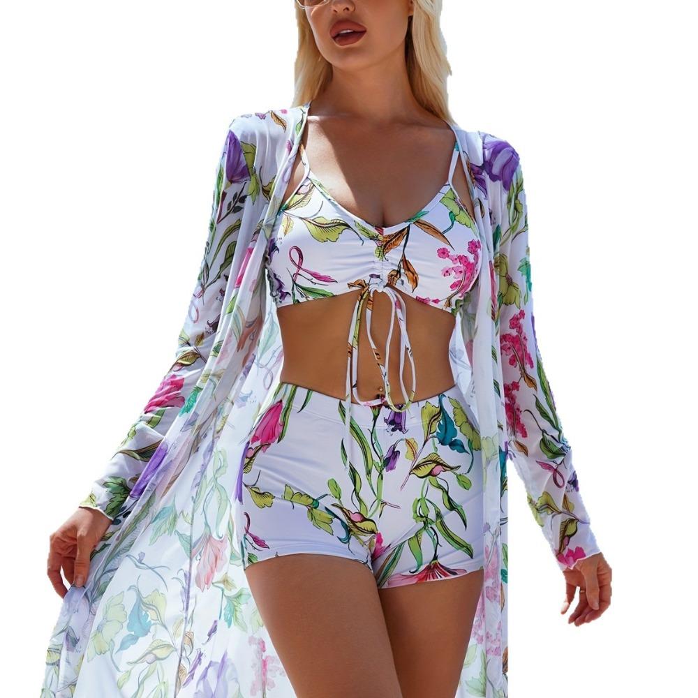 Bikini de Tres Piezas para Mujer con Pantalones Cortos tipo Boy Short, Bañador de Moda con Lazo y Cubre Traje de Playa