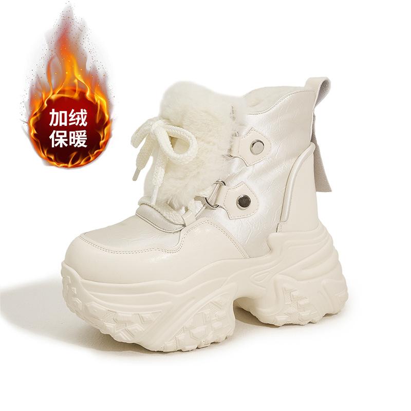 Fashion 10CM Genuine Leather Vulcanize Fashion Thick Bottom Women Chunky Sneakers Platform Wedge Causal Winter Plush Autumn Shoes
