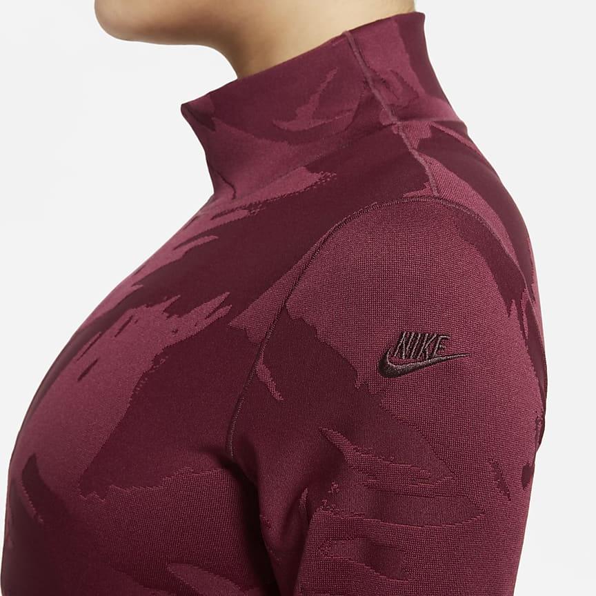Nike Sportswear Tech Pack Logo Bestickt Tie-Dye Design Stehkragen Figurbetont Langarm-T-Shirt Damen Tops Burgunderrot DQ6997-638