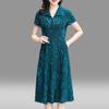 Spring Fall Floral Printed V Neck Lapel Collar Short Sleeves A-Line Midi Dress Casual Knee Length Dress for Women Middle Aged Ladies