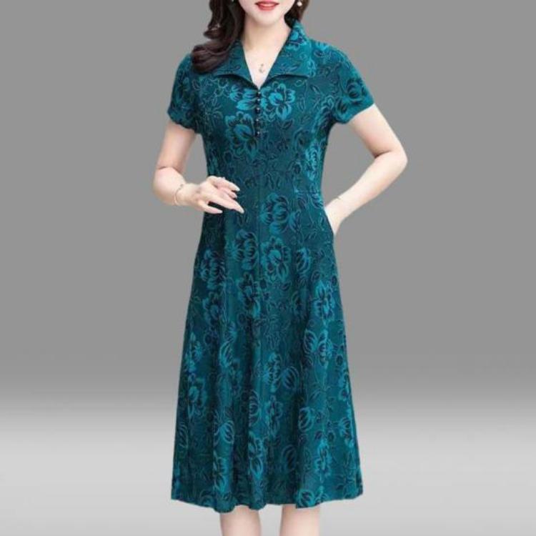 Spring Fall Floral Printed V Neck Lapel Collar Short Sleeves A-Line Midi Dress Casual Knee Length Dress for Women Middle Aged Ladies