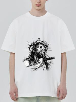 Schwarzes T-Shirt Jesus Christus Dornenkrone Religiöser Kunstdruck für Männer und Frauen Freizeitkleidung Streetwear Mode