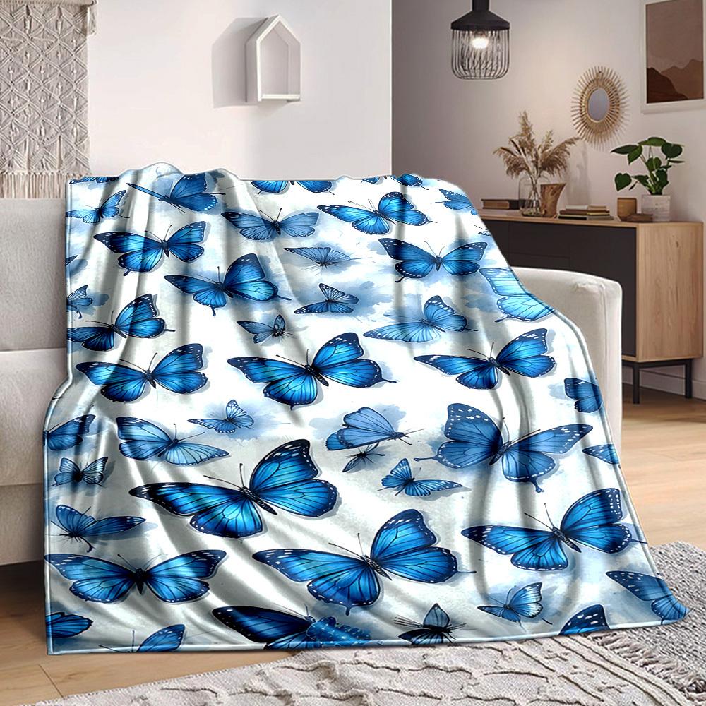 1pc Blue Butterflies Lightweight Flannel Blanket, Comfortable and Warm Blanket, for Office and Camping Sofa Bed, Livingroom031