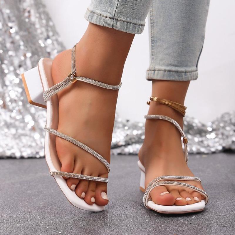 Elegant Square Toe Medium Heel Woman's Sandals Women Summer 2026 Luxury Rhinestore Strap Sandals Plus Size