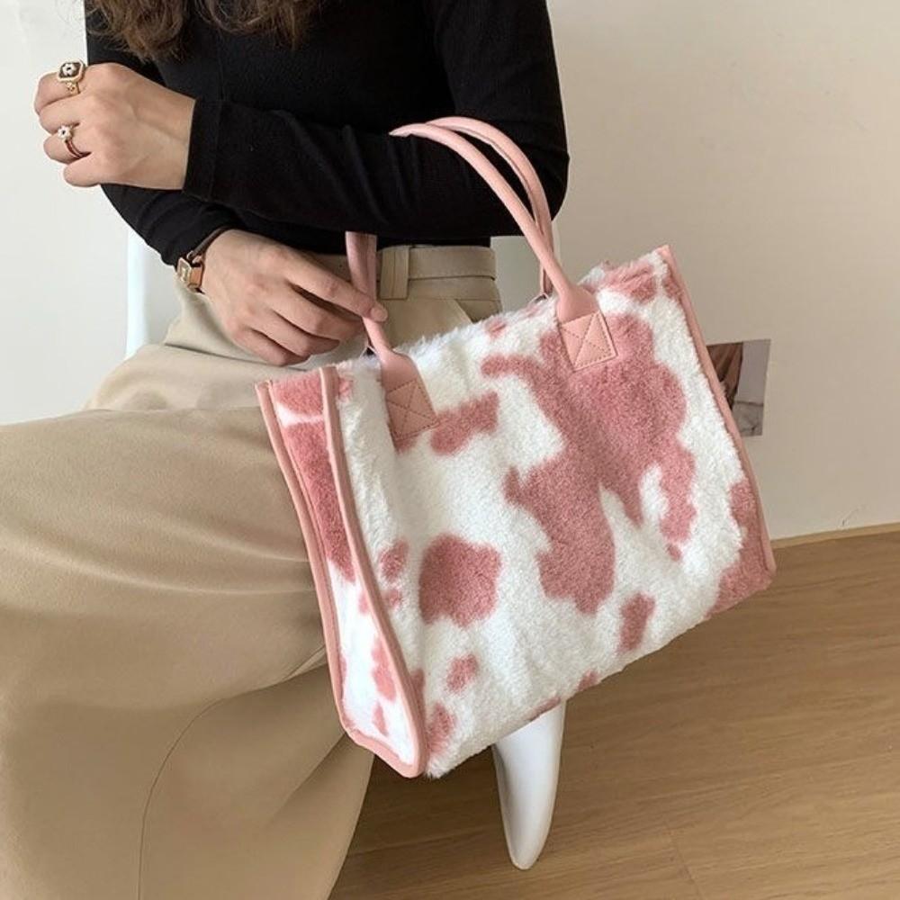 Versatile Soft Shopper Tote Cow Print Large Capacity Handbag New Plush Tote Bag Travel