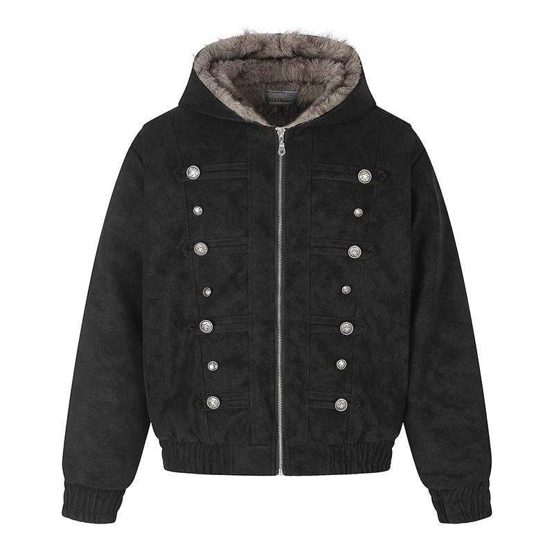 American Retro Hooded Padded Coat With Fur Trim Button Placket Warm Casual Outerwear Men Women