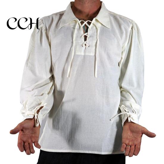 Loose Fit Pullover Shirt Adult Men Medieval Renaissance Cosplay Lapel Long Sleeve Lace-up Tops Solid Color