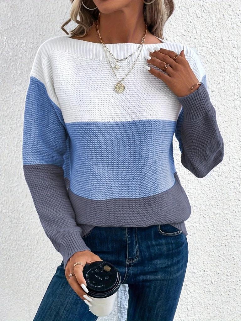 Autumn and winter crew neck splicing versatile striped sweater women's lazy style top loose large size pullover knitted sweater