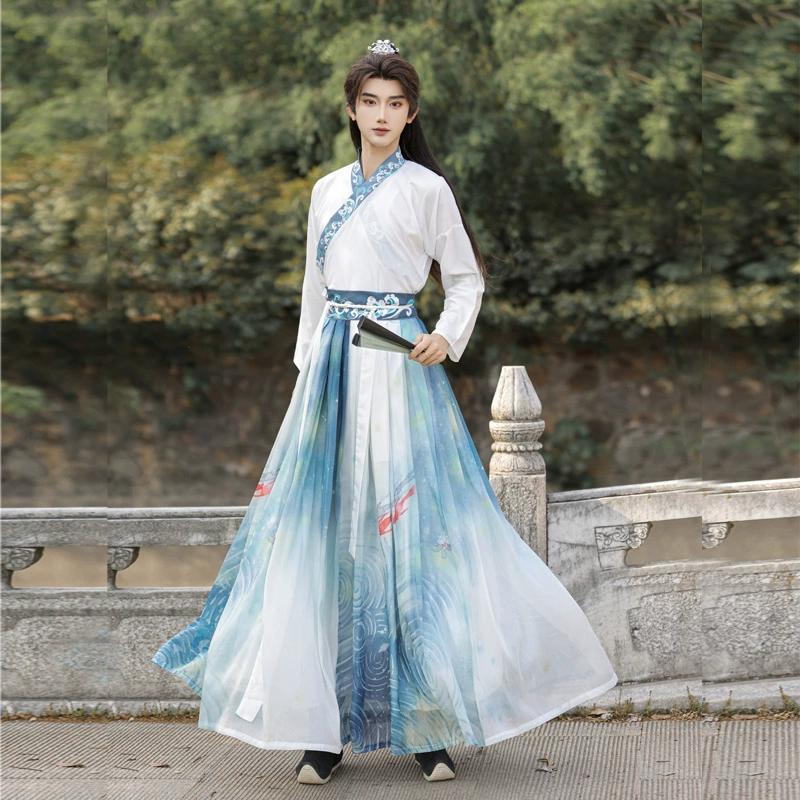 Chinese Wei Jin Dynasty Style Hanfu For Handsome Men, Martial Arts Style Cross Collar Sleeve One-piece Skirt Print Set
