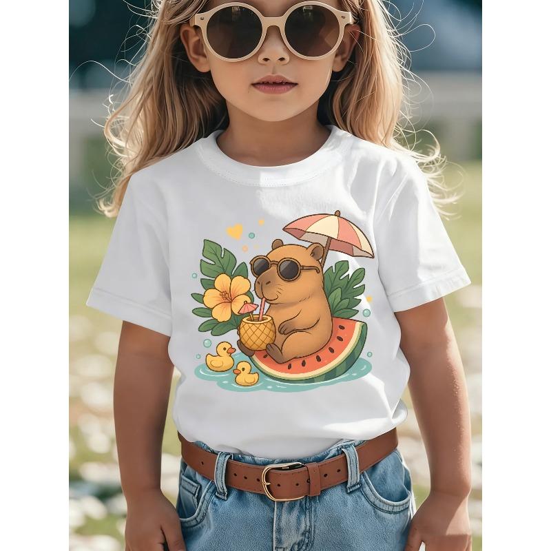 European sizes Summer Fashion Short-Sleeve T-Shirt for Girls Featuring a Capybara Print, Sitting on a Watermelon And Sipping a Pineapple Drink 110 белый