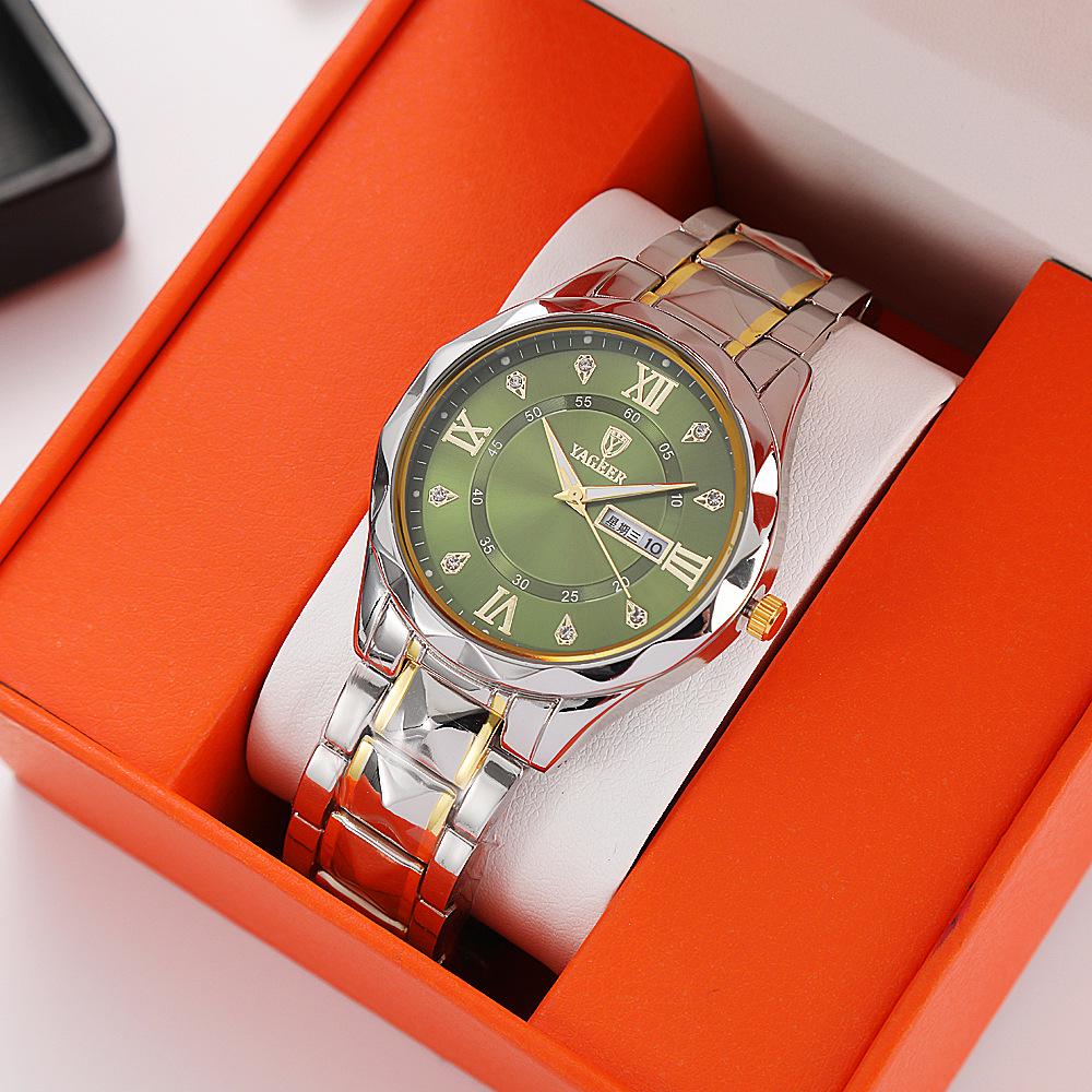 New Light Luxury Diamond Quartz Couples' Watch with Alloy Steel Band and Dual Calendar
