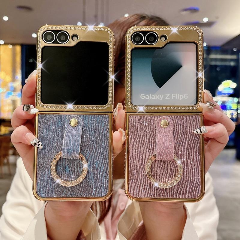Glitter Diamond Frame Plating 2pcs Phone Case For Samsung Galaxy Z Flip6 Flip5 Flip4 Flip3 Luxury Leather Shockproof Metal Ring Hard PC Folding Cover
