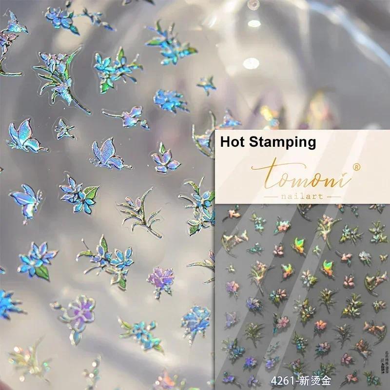 Cherry Blossom Pink Flower Sakura Spring 5D Nail Art Sticker Gold Stamping Soft Adhesive Relief Adhesive Chic Manicure Decals