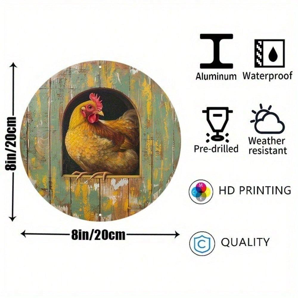 Vintage 8x8 Inch Round Tin Sign Chicken Wreath Wall Art Farmhouse Home Decor