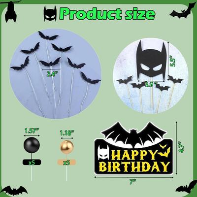 Superhero Cake Topper Decorations, Bat Cupcake Toppers, Happy Birthday Decorations for Hero Themed Party Supplies