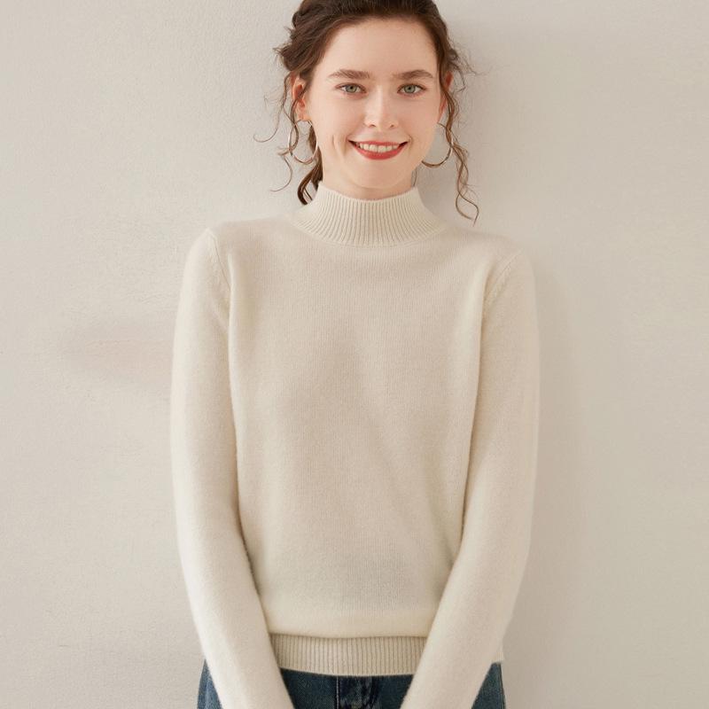 Women's Double-Ply Wool Knitwear – Thick, Soft Cashmere Half-High Collar Sweater for Autumn & Winter.