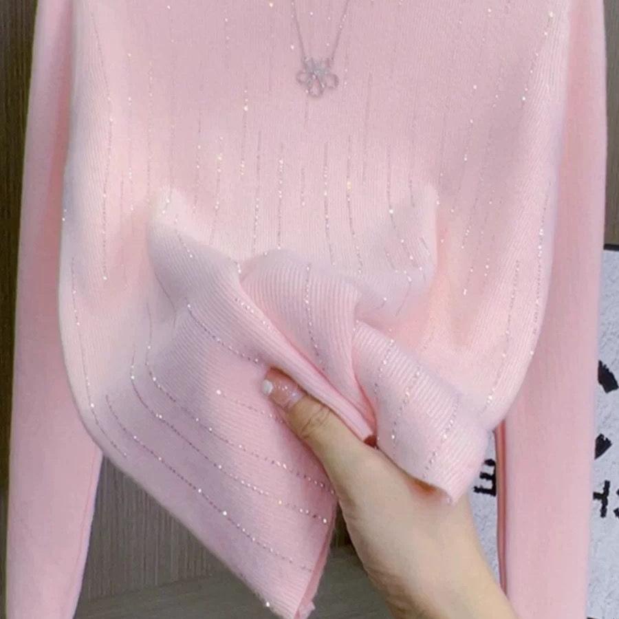 Women's Half Turtleneck Rhinestone sweater Pullover Stretch Knit Sweater Slim-Fit Long Sleeve Knit Top Autumn Winter