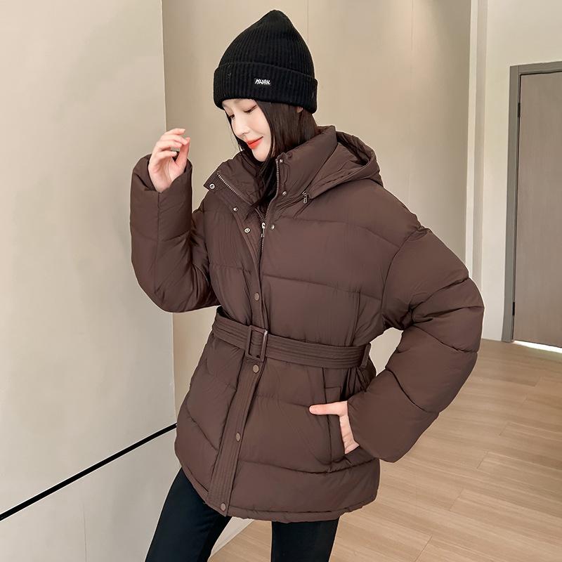 

Padded clothes women s winter new fashion padded clothes medium and long strapped waist thin hooded padded jacket S кофейный