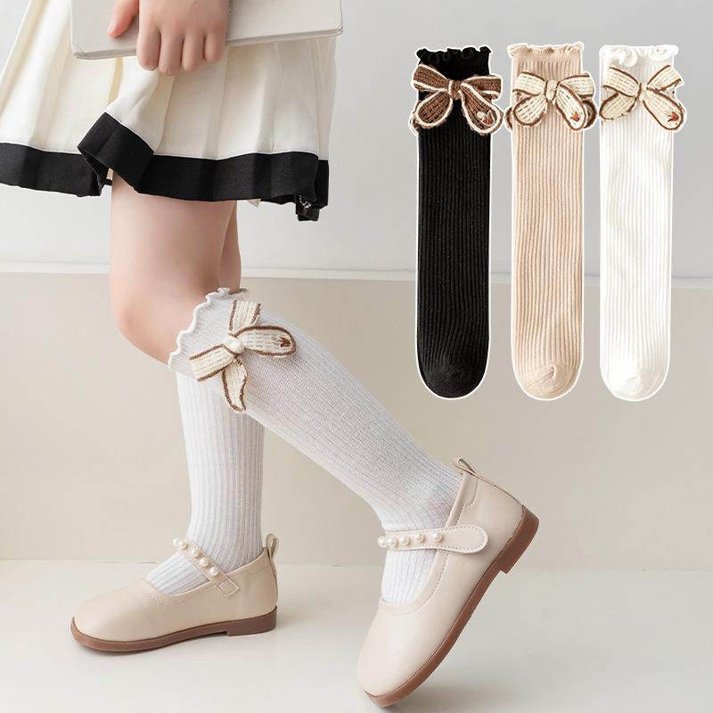 

Милые носки для девочек, носки до середины икры с бантом, весенне-осенние детские однотонные хлопковые носки, детские чулки