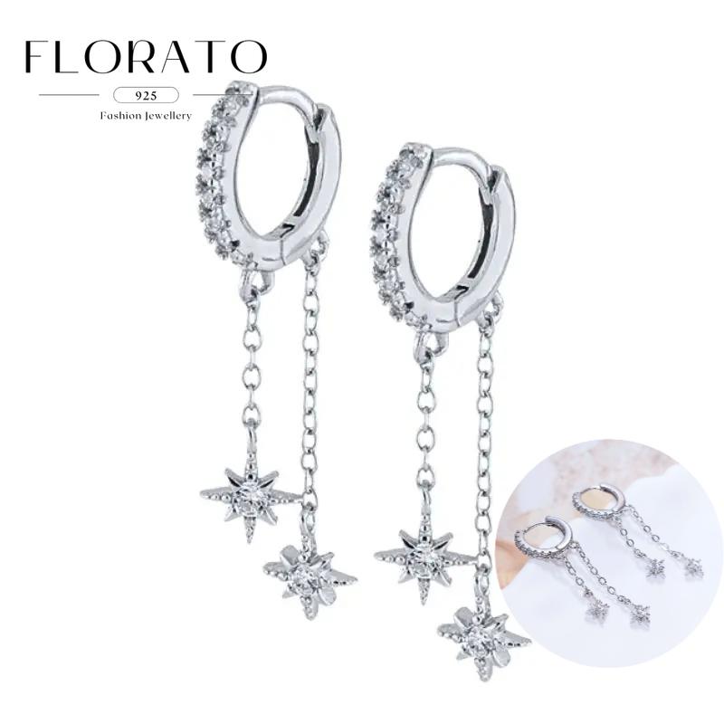 925 Sterling Silver Needle Eight-pointed star/star White Zircon Chain Earrings For Women Tassel Earrings Fashion Party Jewelry
