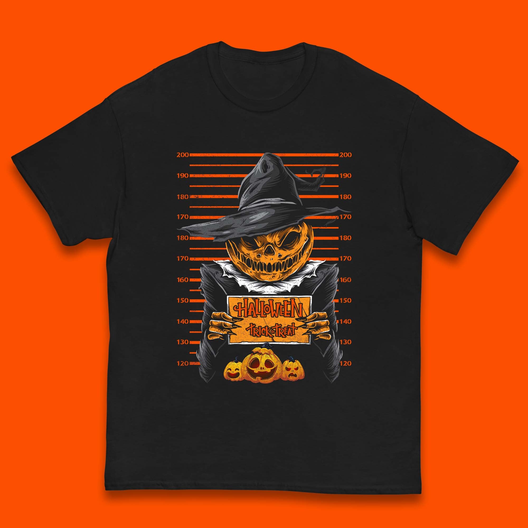 

Halloween Trick Or Treat Scarecrow Mugshot Pumpkin Head Witch Hat Horror Scary Kids T Shirt 100