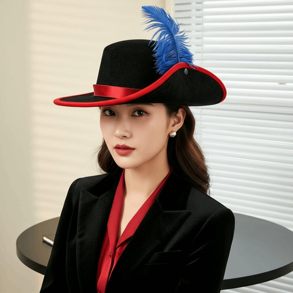 Wide Brim Cavalier Top Hat Felt Masquerade Headwear Cosplay Wide Brim Cap Feather Stage Cap  Party