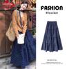 LANGSHA Women's Navy Floral High-Waist A-Line Long Skirt