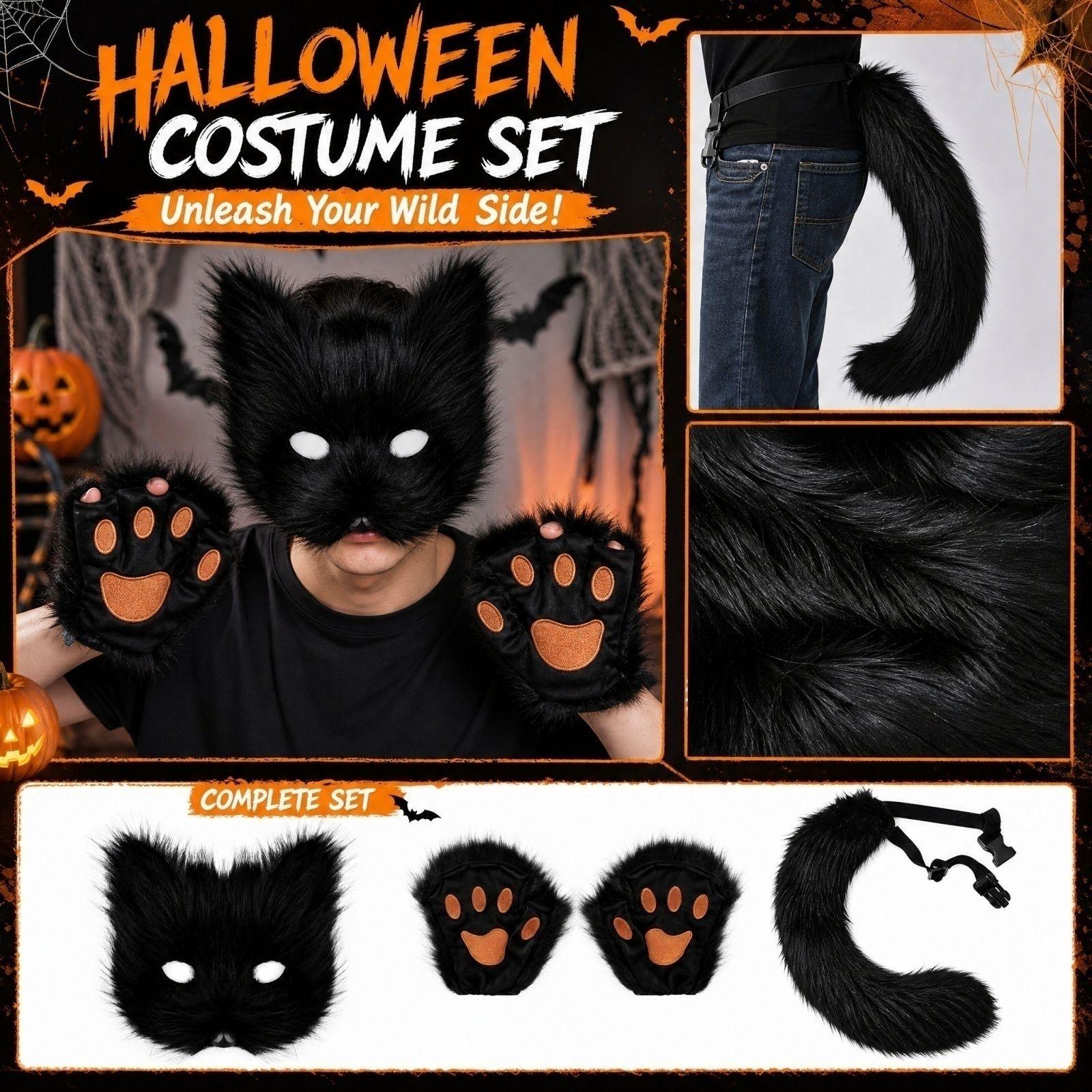 Halloween Costume Set with Plush Tail Animal and Gloves for Role Playing чёрный