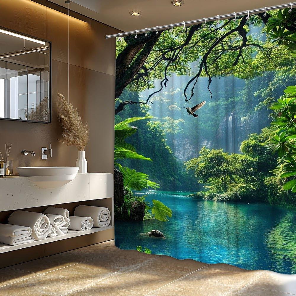 Transform Your Bathroom with This Waterproof Shower Curtain Featuring a Lush Tropical Paradise for a Relaxing Escape