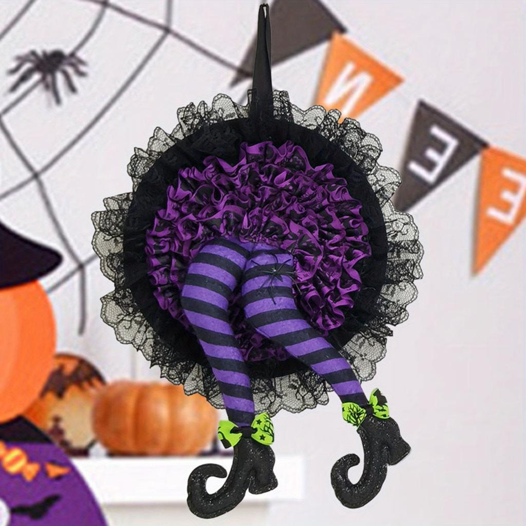 Halloween Wreath Witch, Halloween Wreaths for Front Door with Witch Hat Leg Mesh Decor, Halloween Decorations Indoor Outdoor