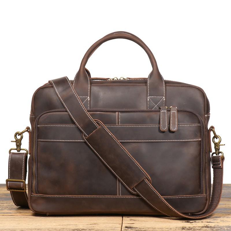 

Business Commuter Handheld Leather Computer Bag Crazy Horse Single Shoulder Layered Large Capacity Briefcase глибокий кавового кольору